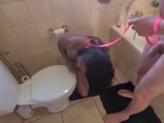 Human toilet indian fancy woman get pissed on and get her head flushed followed by sucking phallus